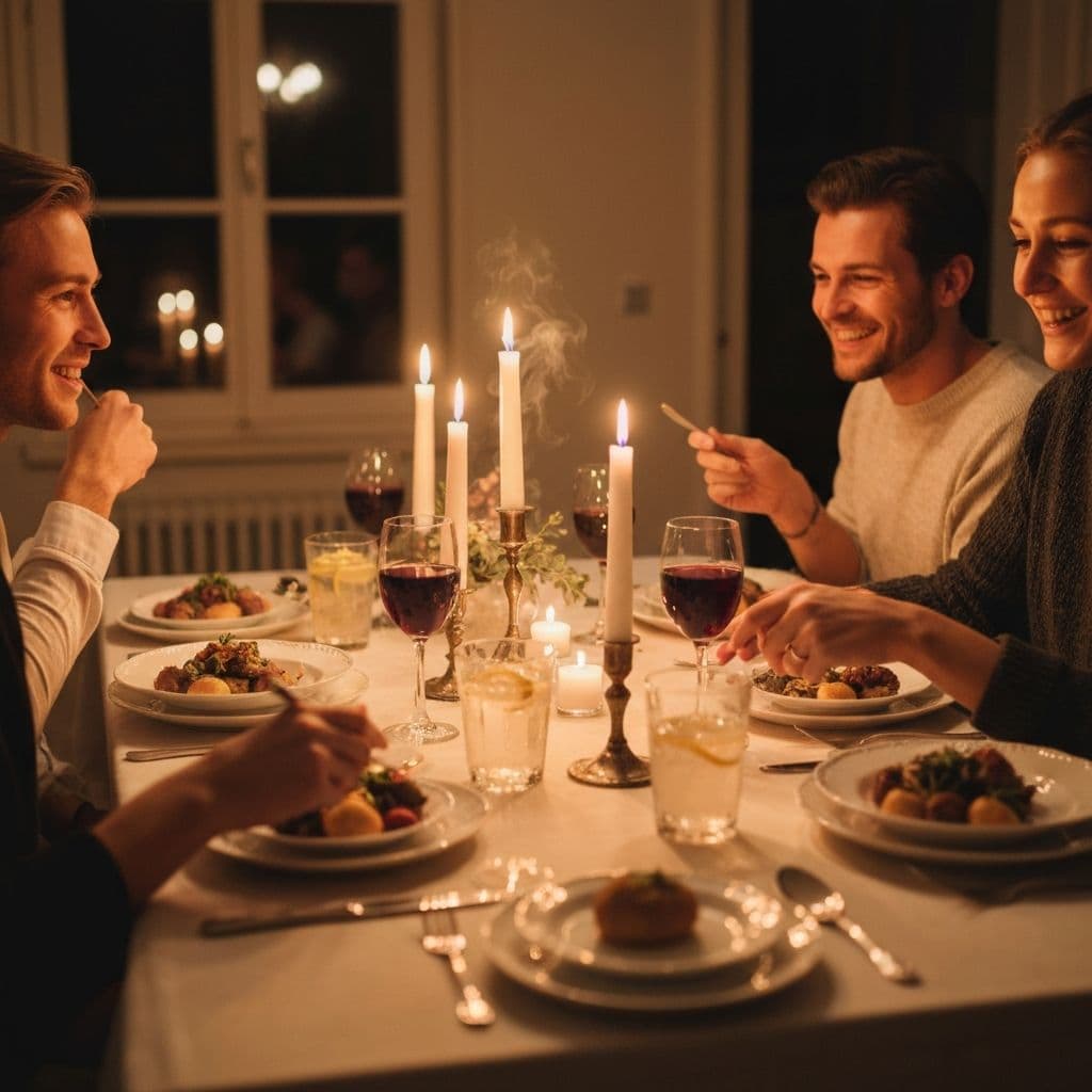 Friends gathered around a dinner table enjoying a meal with 222 Fifth dinnerware